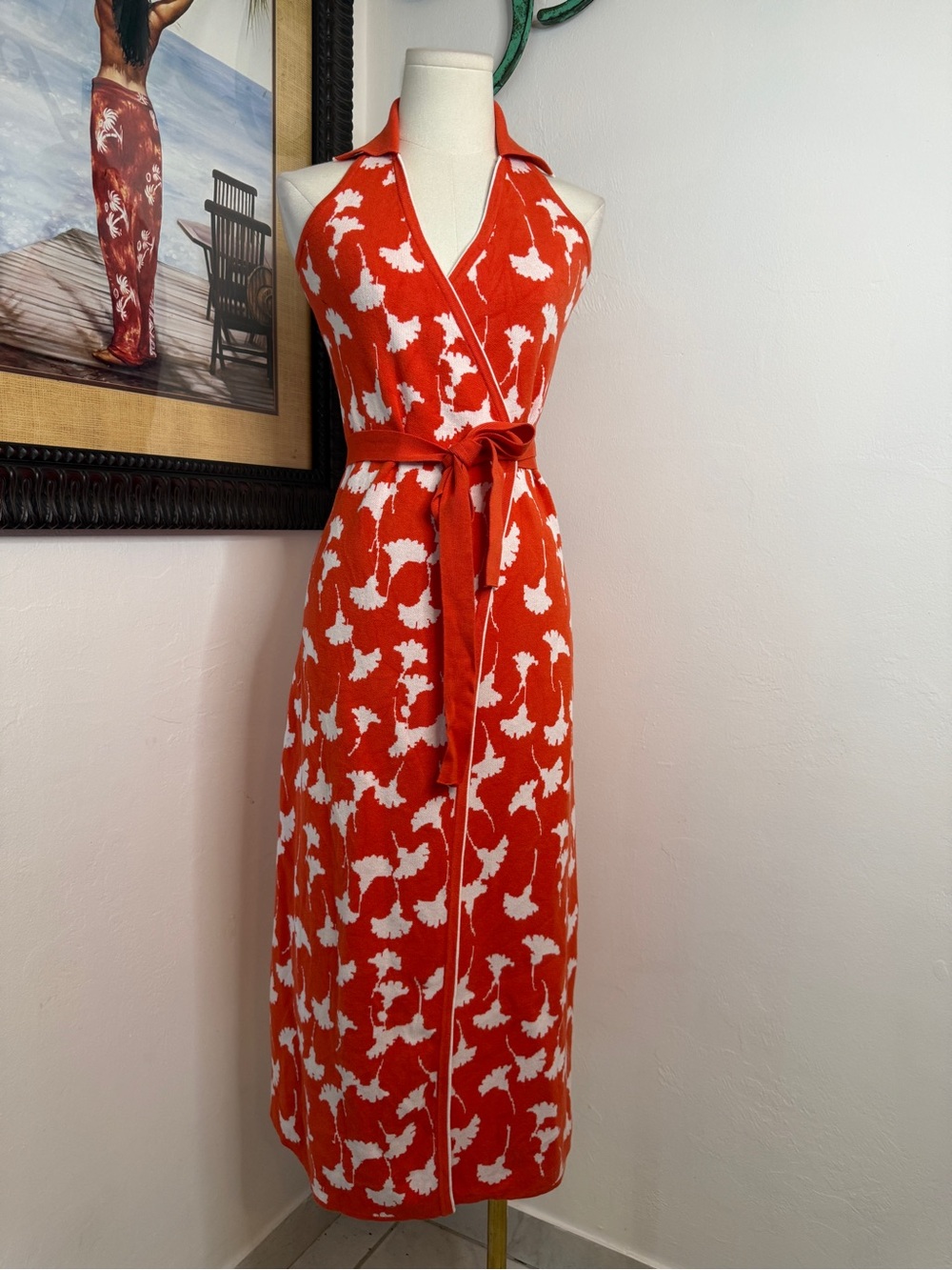 Diane Von Furstenberg Red & White Halter Tie-Waist Maxi Dress